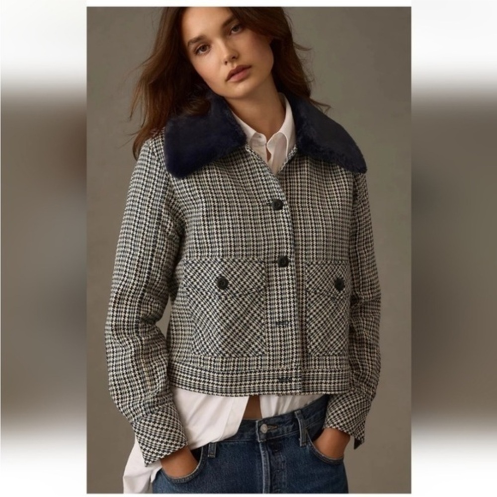 Anthropologie Maeve Navy Marin tweeded faux fur collar jacket